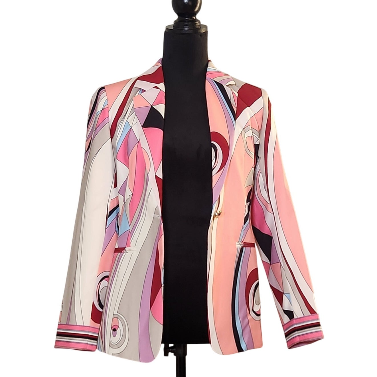 Luxedress Nwt Geometric Print Blazer In Pink, White, Red Abstract, Size Small — image 2 of 8